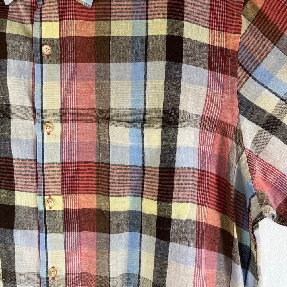 Tasso Elba Island Button Up Shirt Mens XL Plaid Short Sleeve Linen Blend Travel - Picture 4 of 9